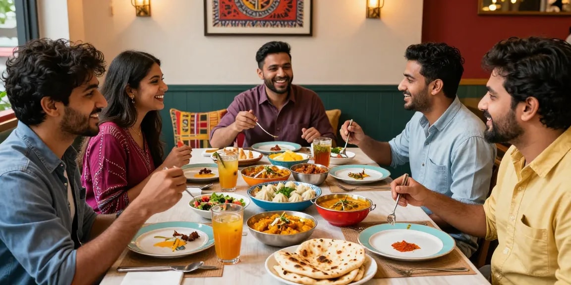 Friends enjoying rokok88's authentic Indian curry and Nepalese momo in a vibrant restaurant.
