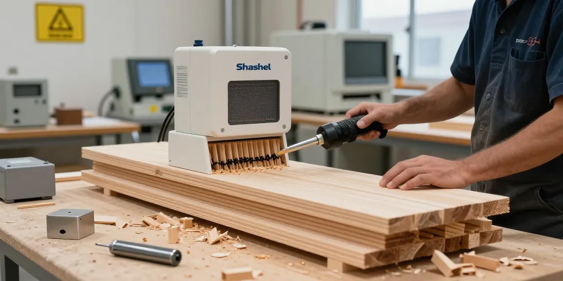Shashel technology in action for quick wood pest elimination in a workshop setting.