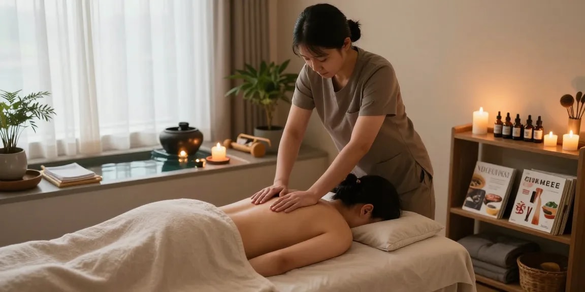 Relaxing scene of 안산출장안마 massage therapy showing therapist and tranquil studio.