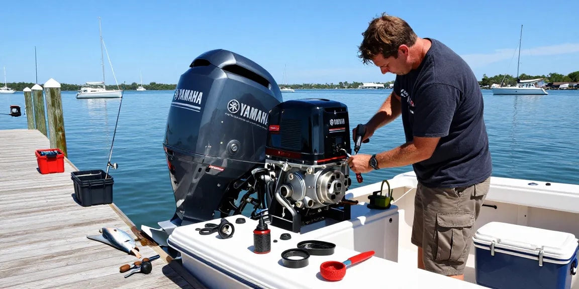 Yamaha outboard engine for sale being inspected by a mechanic on a lively boat dock, surrounded by tools and marine gear.