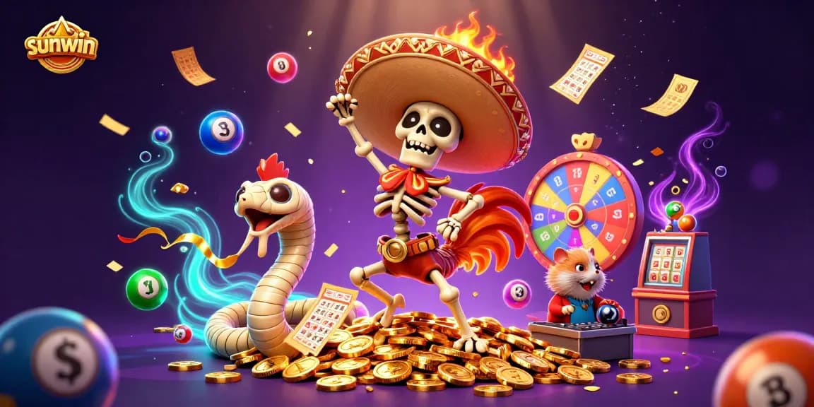 Sunwin game party featuring a dancing mariachi rooster, mummy snake, and DJ hamster amidst vibrant casino elements.