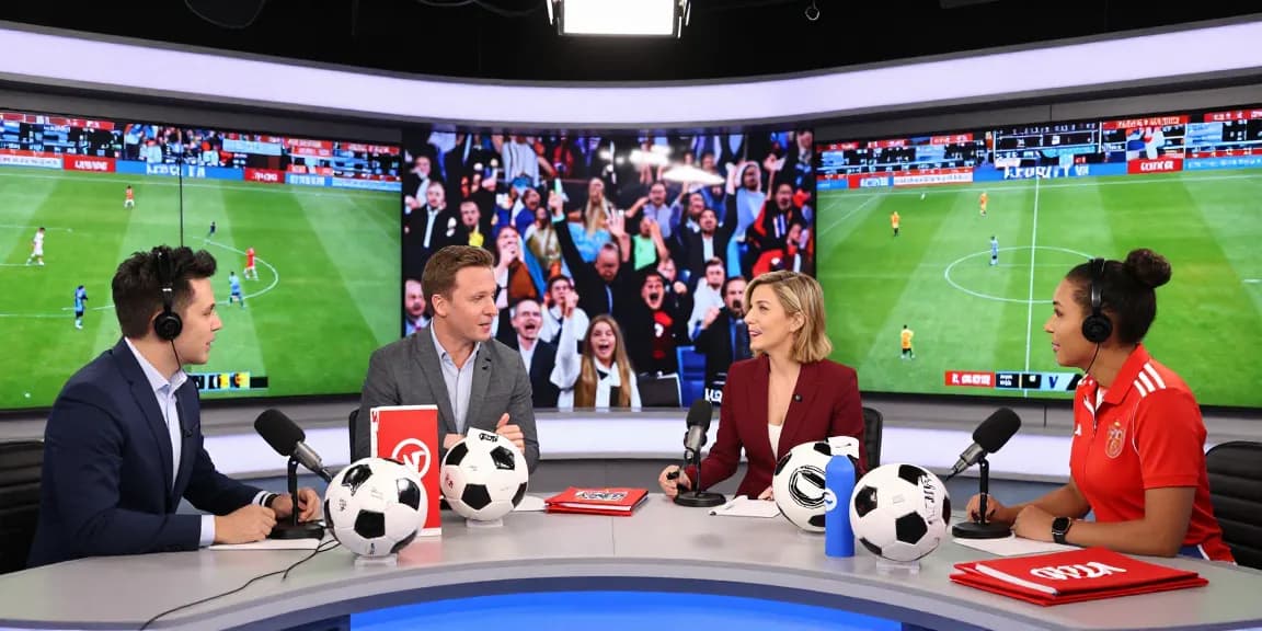 Engaging kora tv sports broadcasting scene with hosts discussing live soccer matches.
