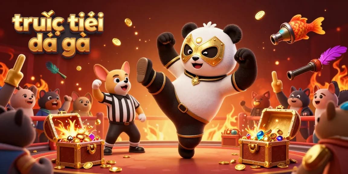 Engage in trực tiếp đá gà action with a lively panda wrestler, exciting cockfighting elements, and animal fans cheering.
