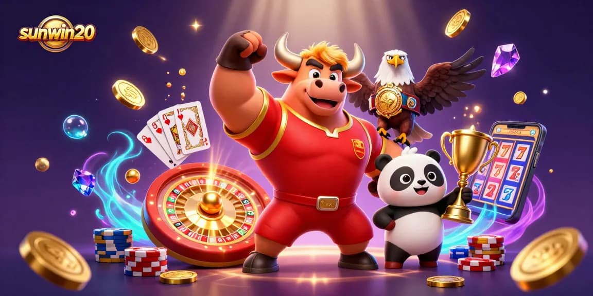 Experience thrilling gameplay with sunwin20, featuring charismatic gambling mascots and vibrant casino elements.