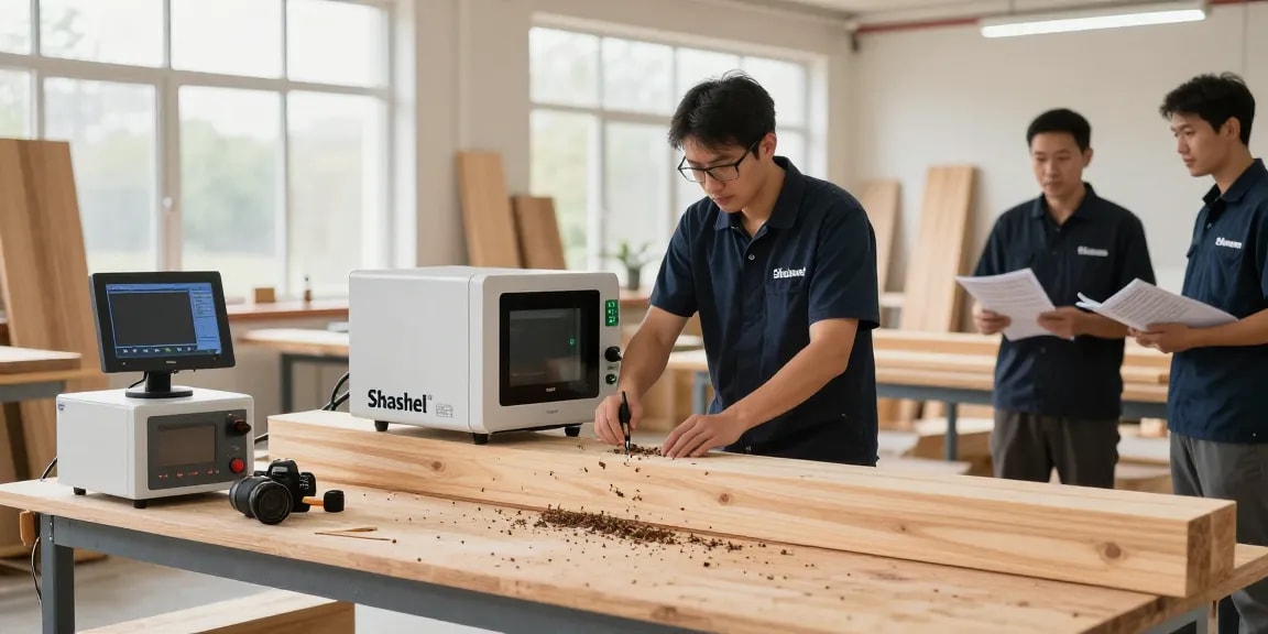 Shashel microwave device in action, eliminating wood-boring insects safely and effectively in a workshop environment.