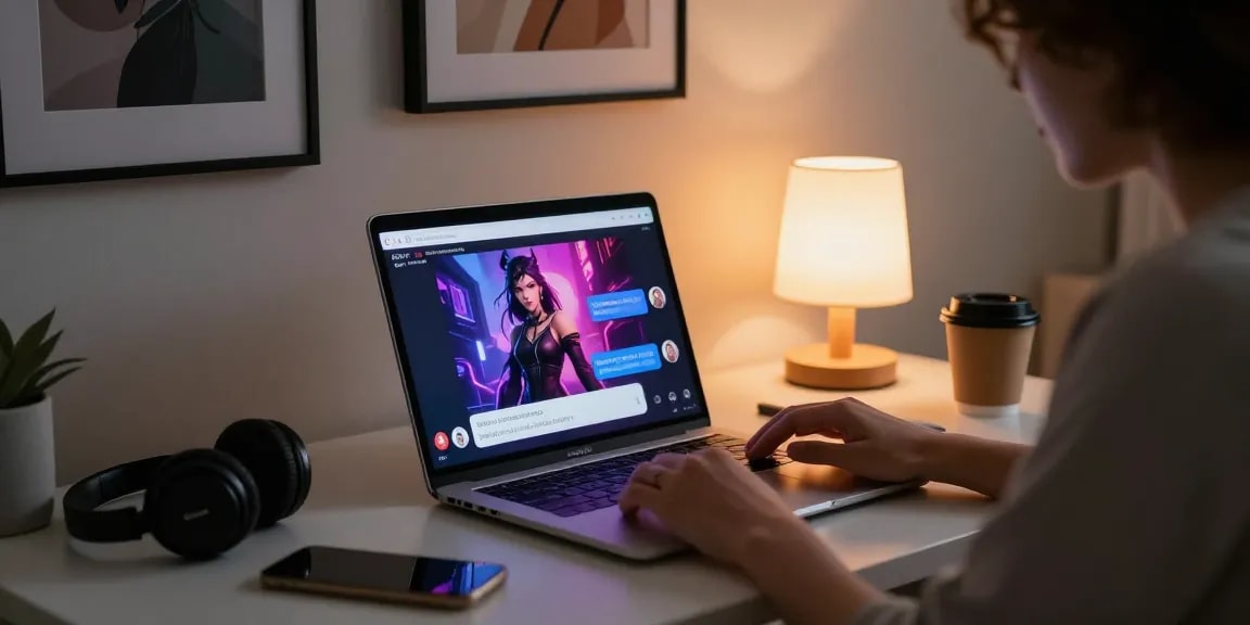 Engaging with the ai chat nsfw character on a sleek laptop, cozy atmosphere.