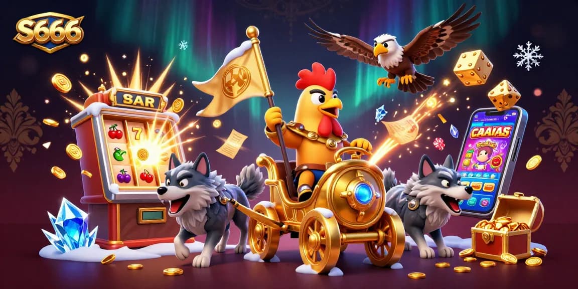 S666 players enjoy thrilling wins at a vibrant casino, surrounded by dynamic slot machines and golden treasures.