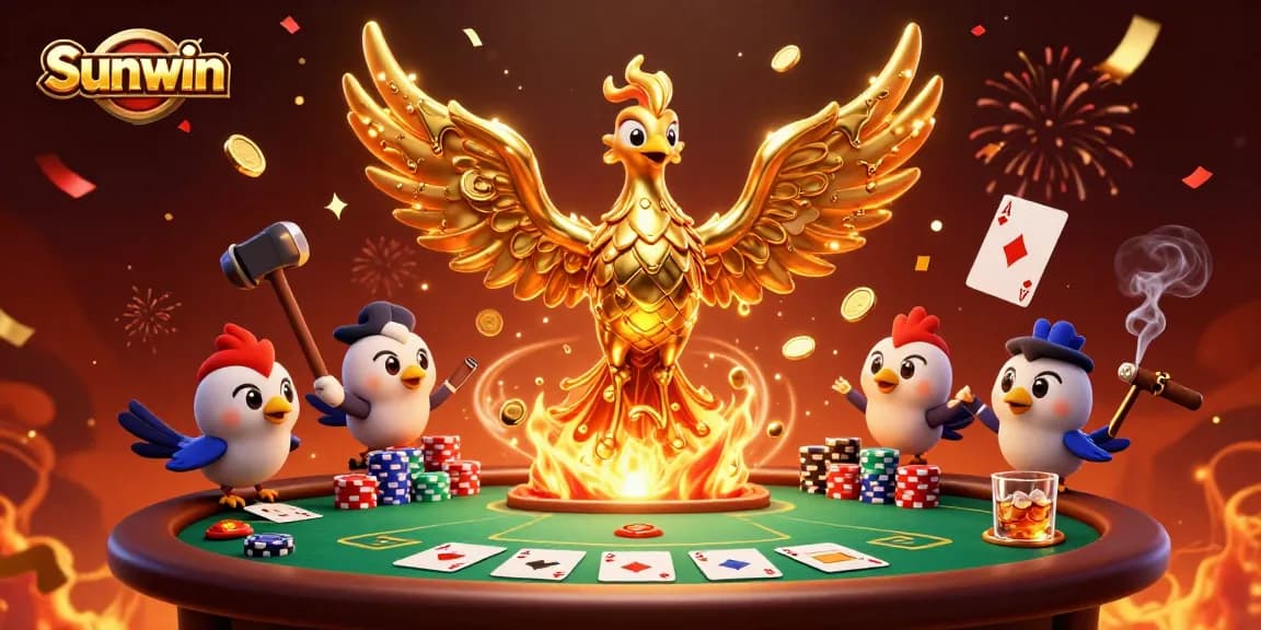 Experience the excitement of Sunwin with a dynamic 3D illustration featuring a golden phoenix and poker elements.