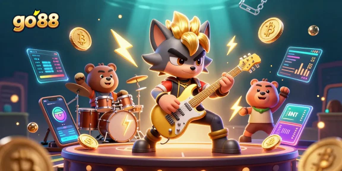 Engage with go 88 gameplay featuring a rock star wolf and drummer bear amidst dynamic casino visuals