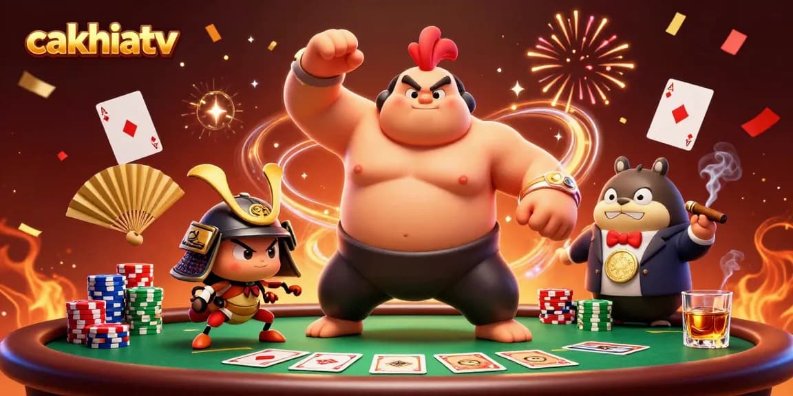 CakhiaTV features a dynamic scene with a powerful sumo rooster and a fierce cricket at a lively poker table.
