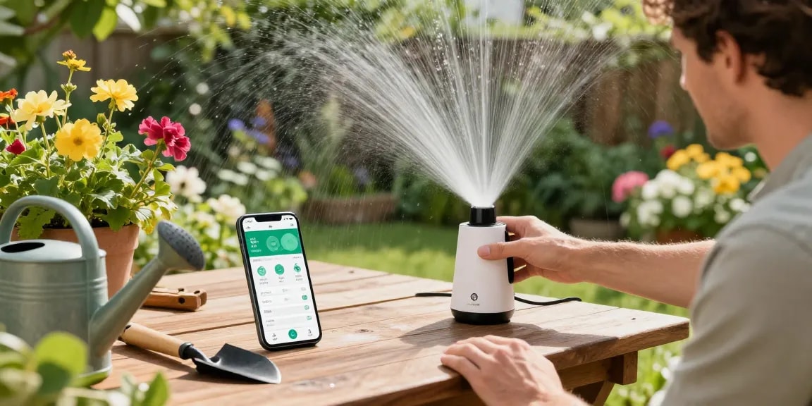 Smart sprinkler system setup in a vibrant garden, highlighting easy irrigation control and healthy plants.