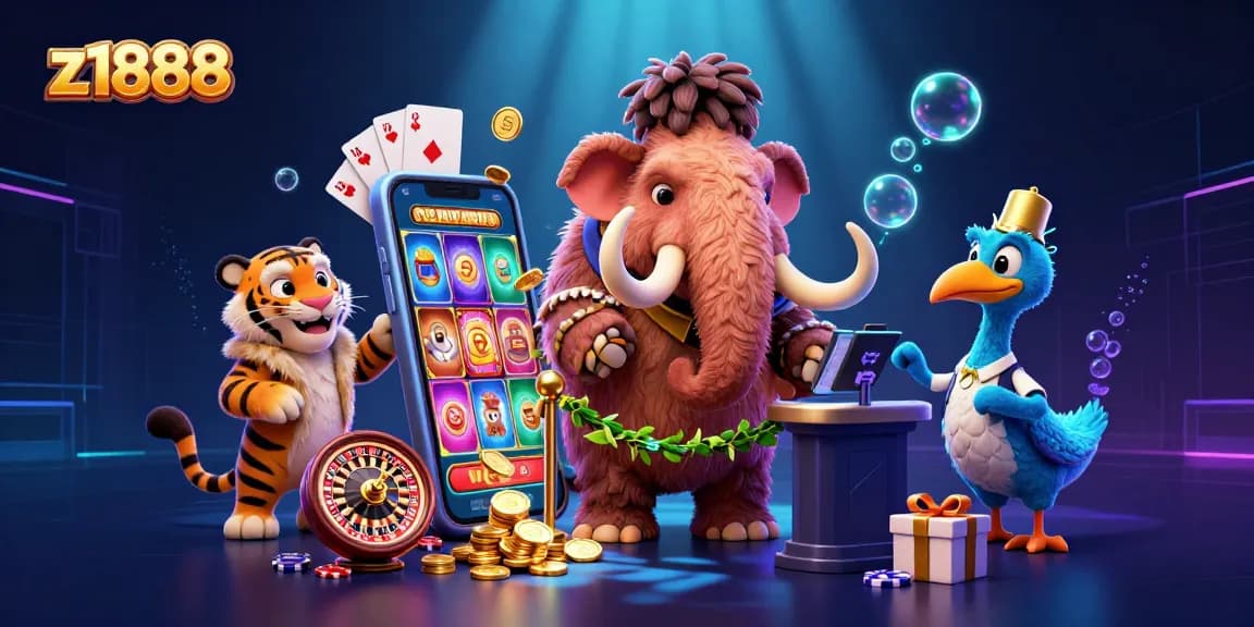 Z1888 game scene with a woolly mammoth bouncer, saber-tooth VIP, and dodo doorman in a vibrant casino
