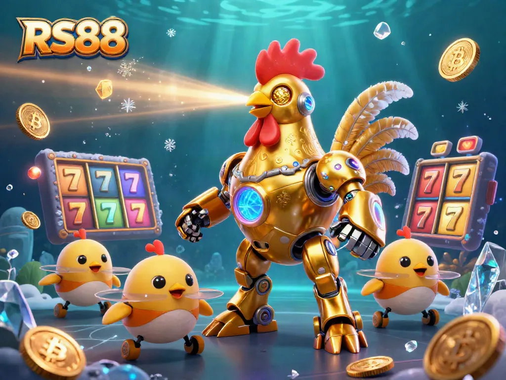 Engage in exciting slots at RS88, featuring a futuristic rooster robot surrounded by vibrant game elements.