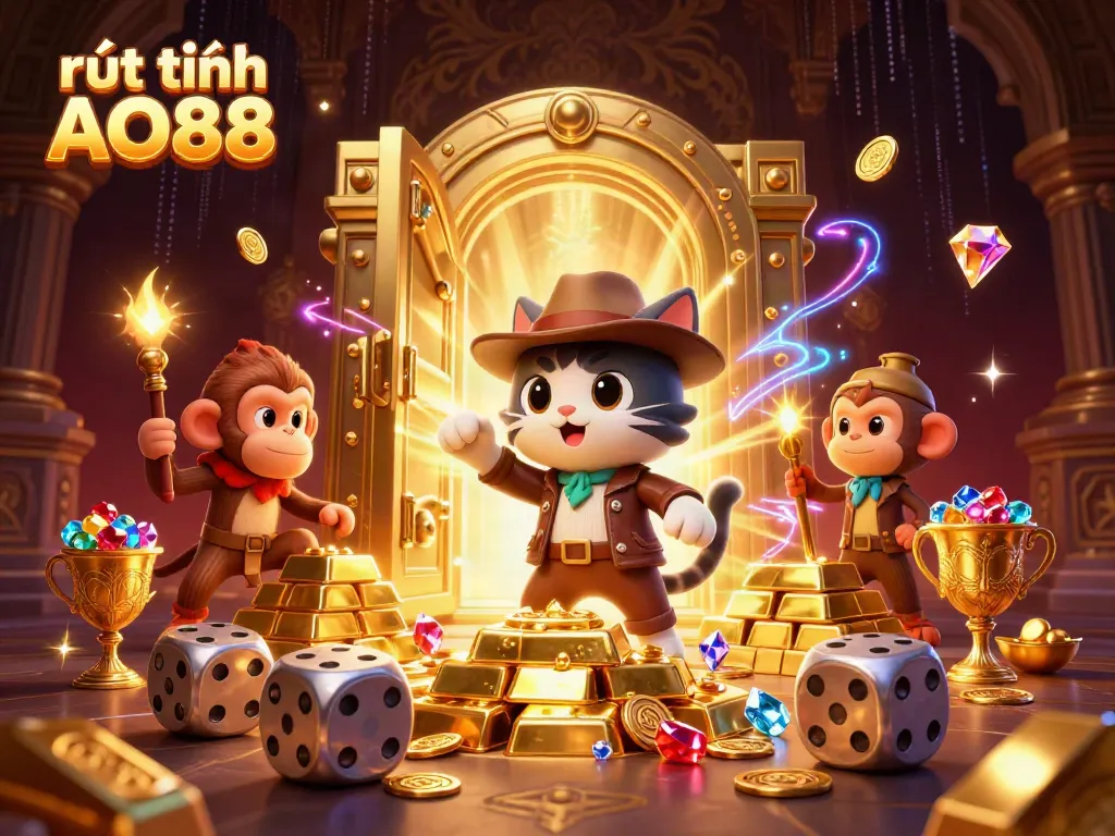Engage with rút tiền AO88 through vibrant 3D casino adventure illustration featuring gold treasures and dynamic characters.