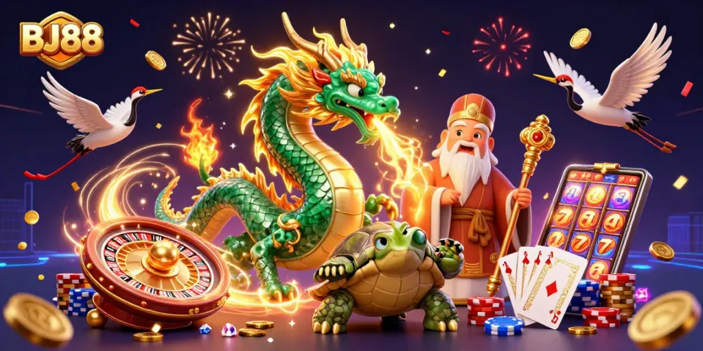 Engage with BJ88's vibrant casino world filled with a dragon, turtle sage, lucky cranes, and dynamic game elements.