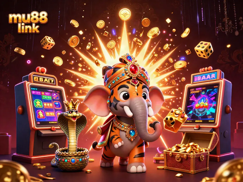 Experience the excitement of mu88 link with a vibrant, dynamic casino scene featuring a maharaja, elephant, and gaming elements.
