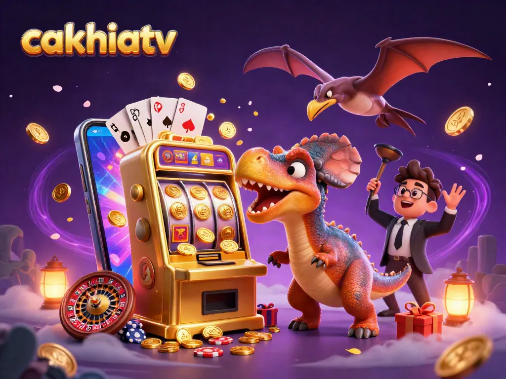 Experience the thrill of cakhiatv as cartoon dinosaurs engage with a vibrant casino scene, filled with dynamic winning action.