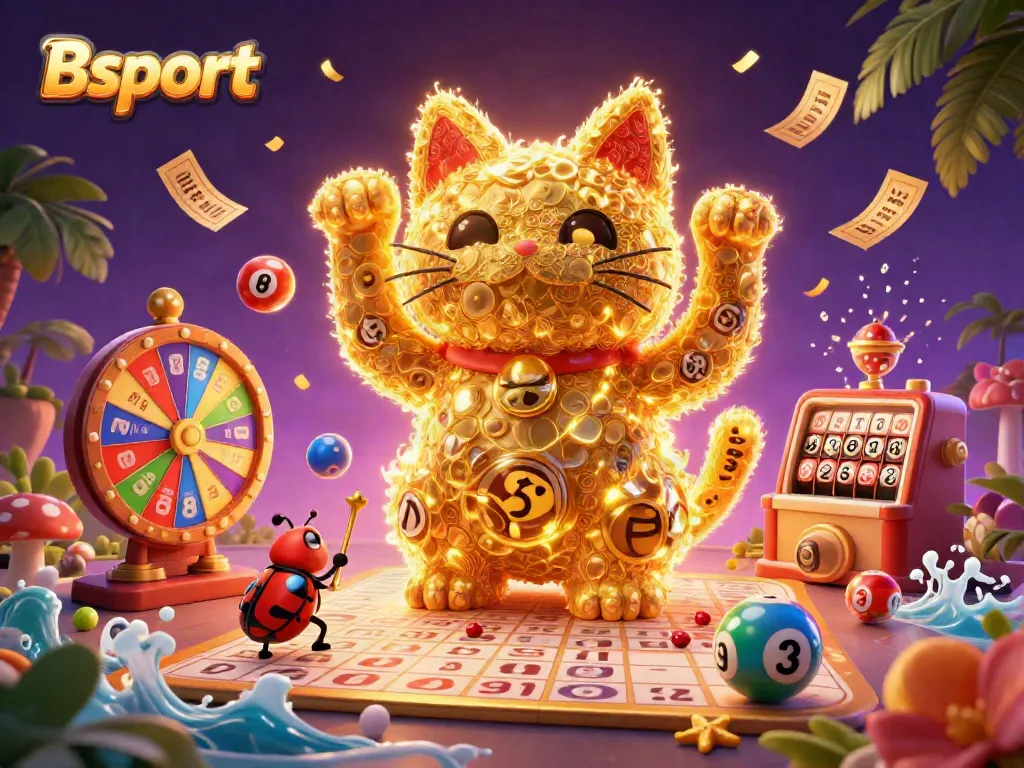 Experience Bsport's dynamic casino atmosphere with a lucky cat, colorful lottery balls, and exciting game elements.