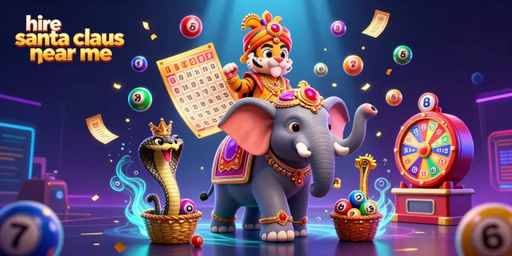 Hire Santa Claus near me in a vibrant casino scene with colorful lottery elements.