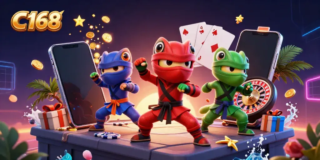 C168 illustrates a party of ninja chameleons engaging in vibrant casino action with colorful slots and chips.