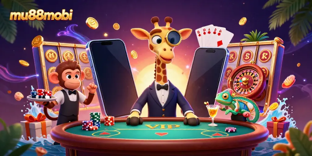 Experience the thrilling world of mu88mobi with vibrant casino gameplay elements and colorful characters.