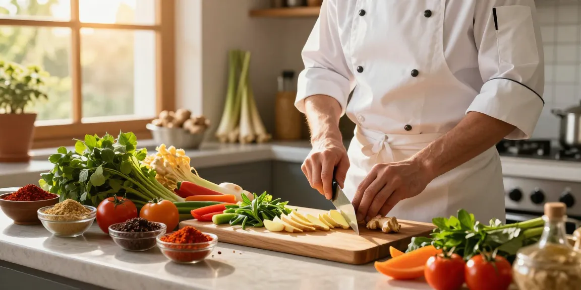 Chef preparing fresh ingredients including ginger in a vibrant kitchen, enhancing the culinary experience associated with สล็อต.
