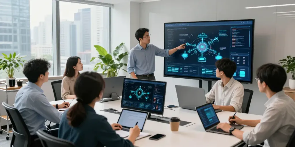 Dynamic team collaborating on Enterprise AI solutions with modern tech tools in a high-tech office.