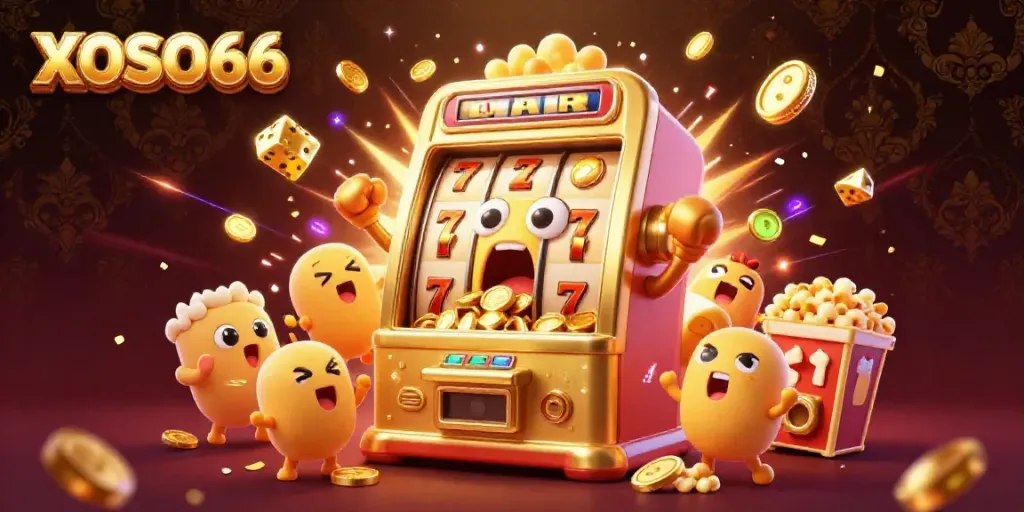 XOSO66 slot machine celebrates a jackpot with lights and exciting game symbols.