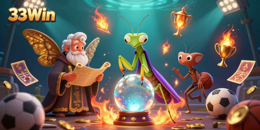 Experience the thrill of 33Win with this immersive 3D casino scene featuring fortune tellers and sports elements.