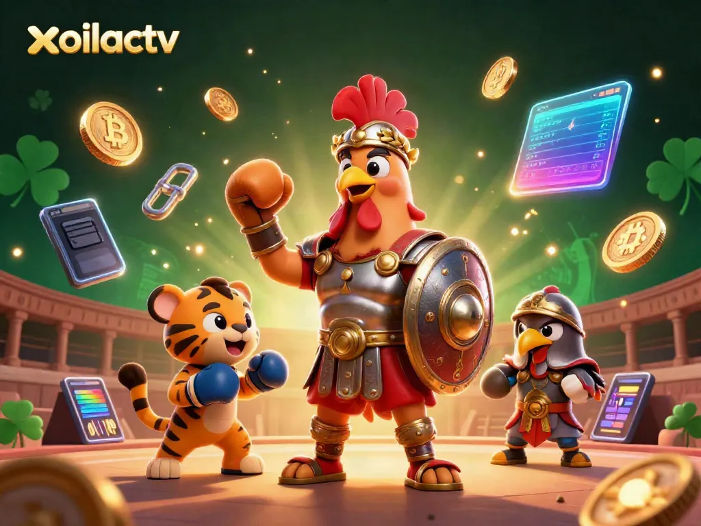 Win big at xoilactv with an exciting digital illustration of a gladiator rooster in a vibrant casino scene.