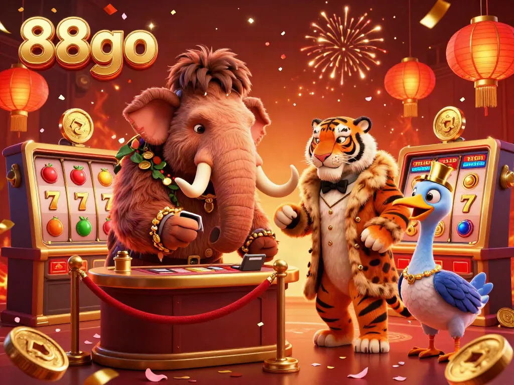 Experience the thrill at 88go casino with a vibrant scene featuring a woolly mammoth bouncer and slot game elements.