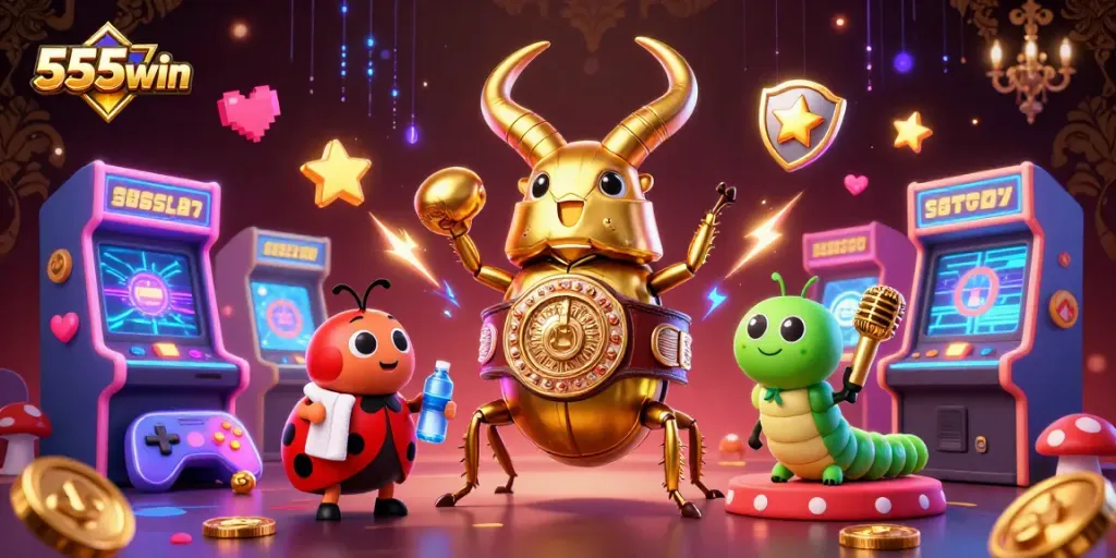 Engage in thrilling 555win casino gameplay with characters in a vivid illustration featuring arcade elements.