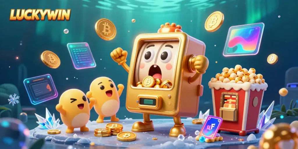 LUCKYWIN celebrates a jackpot moment with a vibrant slot machine surrounded by golden coins and crypto elements.