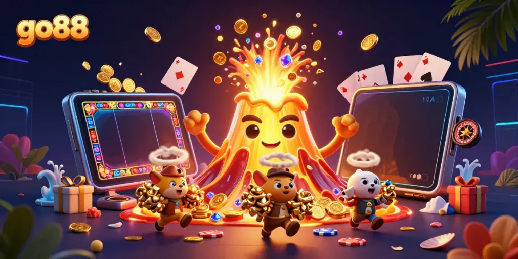 Experience excitement at go88 as treasures erupt from a golden volcano in a vibrant casino adventure.