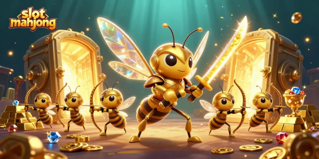 Spin and win big with slot mahjong, featuring a vibrant 3D illustration of a golden hornet and gold treasure.