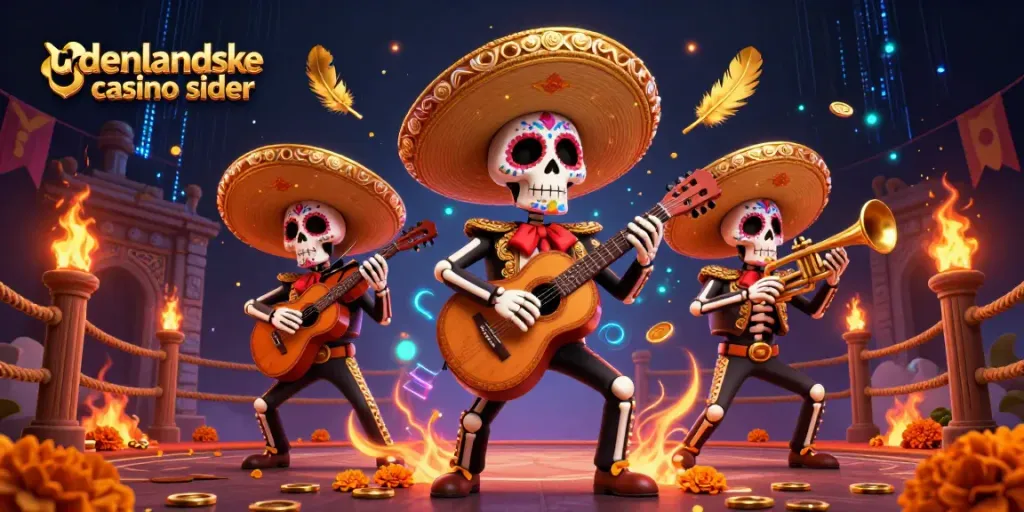 Experience excitement with udenlandske casino sider in a vibrant 3D scene featuring a mariachi band.