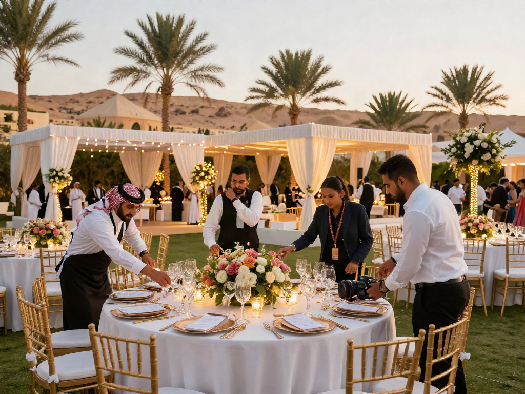 Event rental ksa setup featuring luxurious wedding arrangements under a white tent with floral décor in Saudi Arabia.