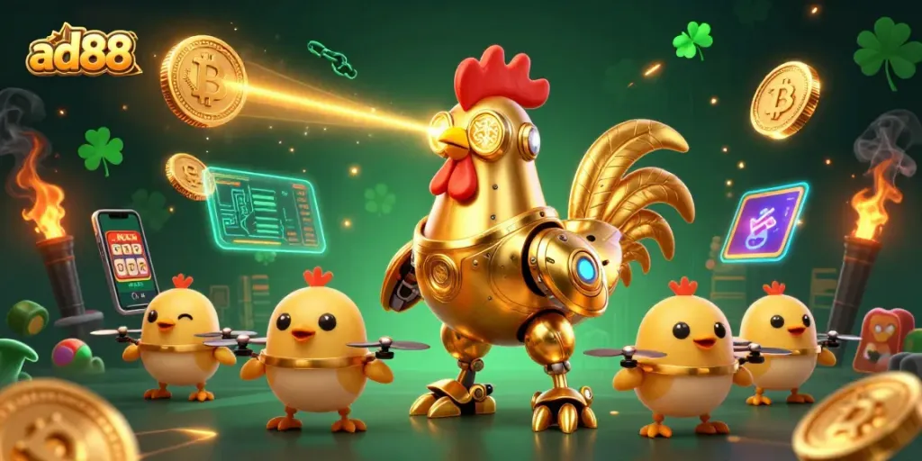 Engage with the ad88 gaming experience featuring a vibrant scene with golden rooster robot and dynamic casino elements.