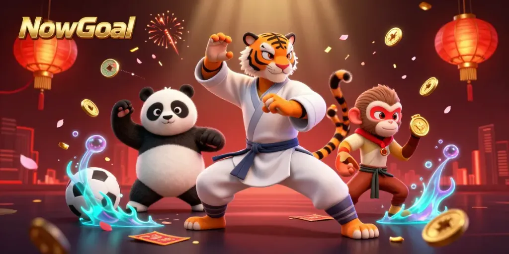 NowGoal highlights sports betting excitement with dynamic characters and gaming elements in a vibrant scene.