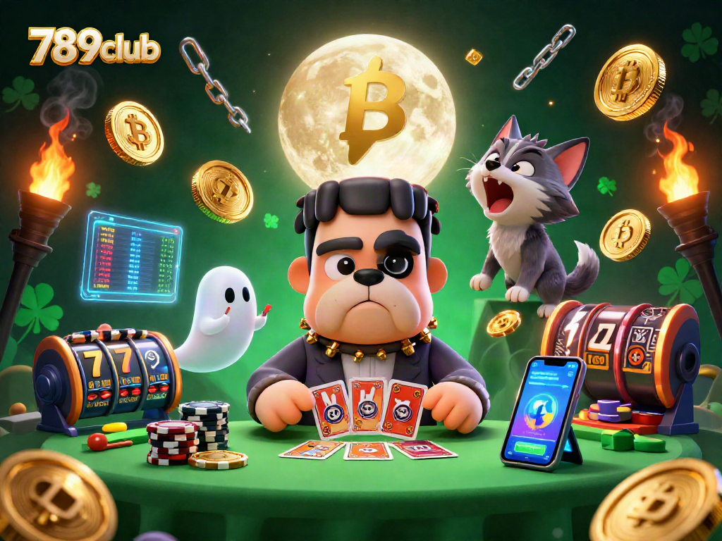 Engage with 789club's thrilling casino experience as the Frankenstein bulldog deals cards amidst a vibrant crypto atmosphere.
