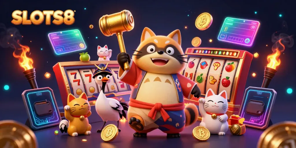 Engage with SLOTS8 featuring a cheerful tanuki and vibrant slot symbols in a dynamic 3D casino scene.