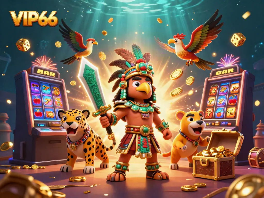 Experience the thrill of VIP66 with a dazzling illustration featuring Aztec warriors, a jackpot explosion, and vibrant casino elements.