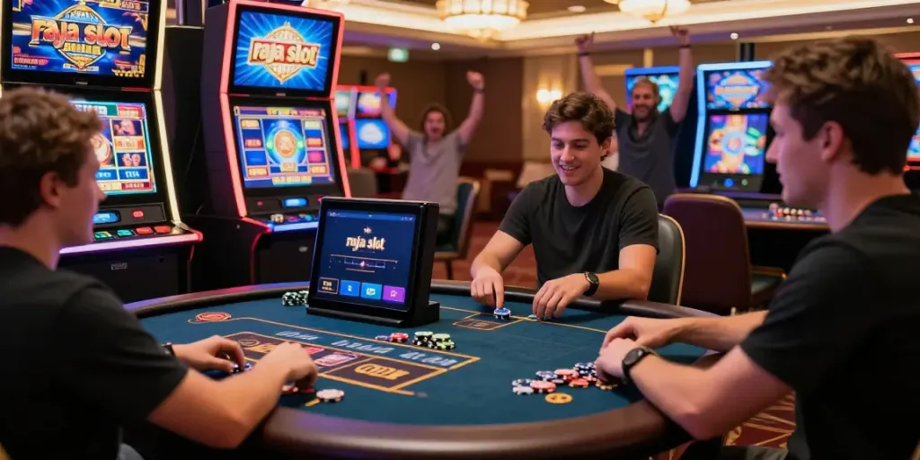Engaged player experiencing the thrill of raja slot games in a lively casino environment.