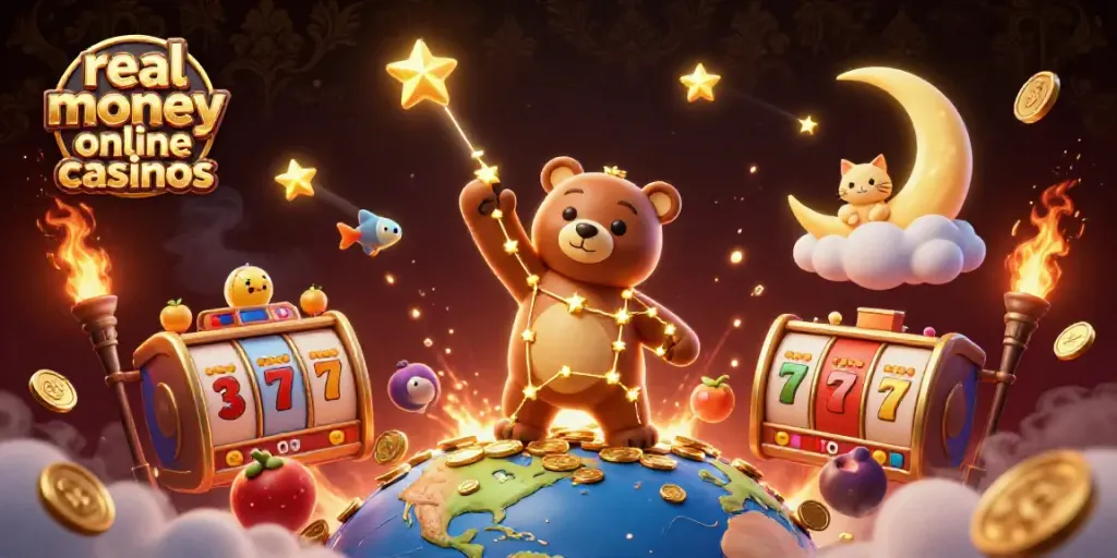 Engage with exciting real money online casinos featuring a constellation bear, coins, and slot elements.