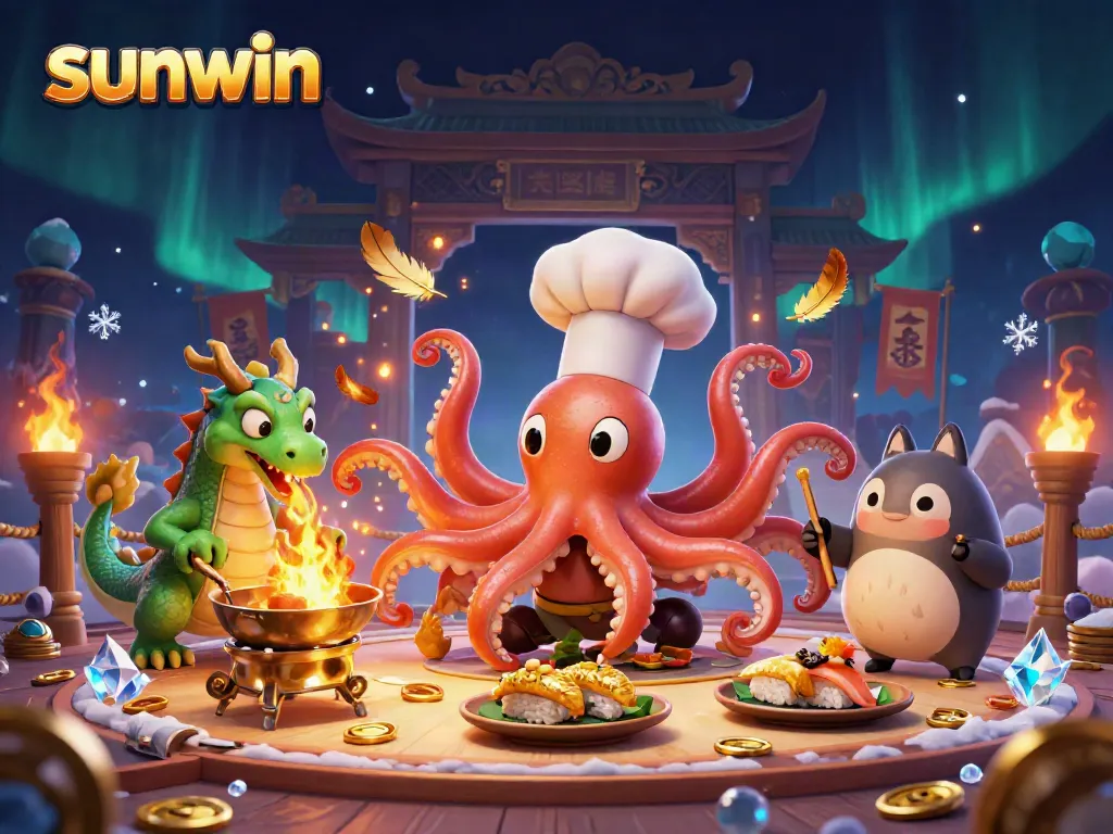 Experience the dynamic world of sunwin in this vibrant casino scene featuring an octopus chef with golden dishes.