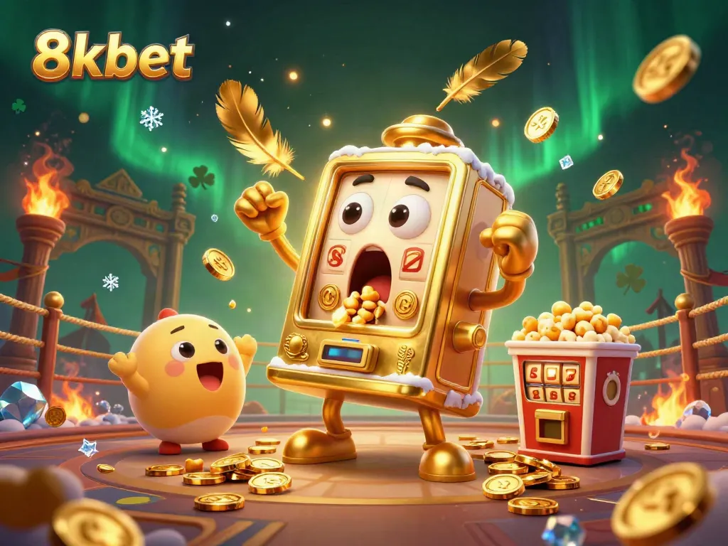 Experience the thrill of winning with 8xbet as animated slot machines and gold coins celebrate.