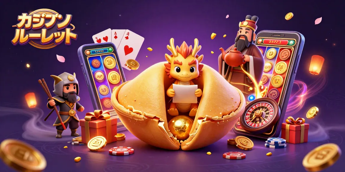 オンラインカジノルーレットで運を試す、金のクッキーとドラゴンのイラスト。