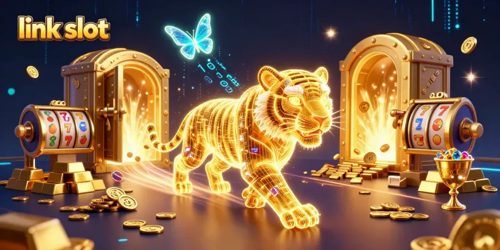 Experience link slot thrills with a neon tiger and treasure in a vibrant casino scene.