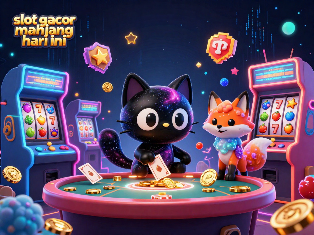 Engage with slot gacor mahjong hari ini in this vibrant casino scene featuring a black hole cat and nebula fox.