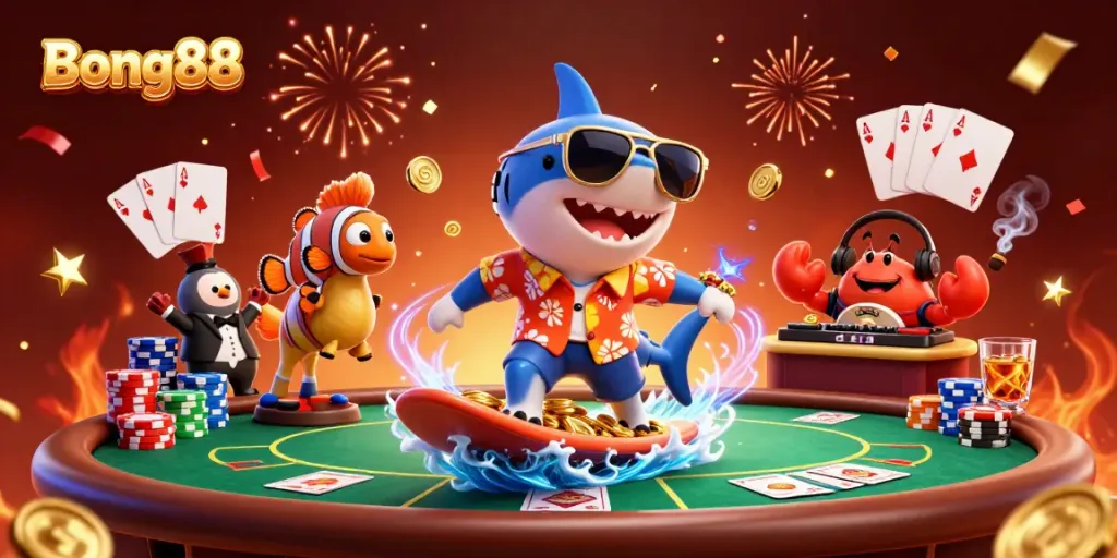 Bong88 showcases an exciting casino scene with a shark, clownfish, and crab amidst poker elements.
